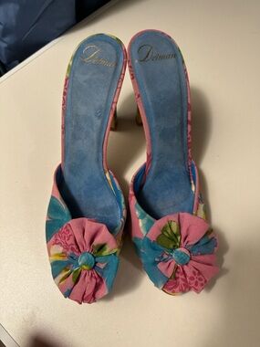 Delman Pink and Blue Floral Open-Toe Mules with Rosette